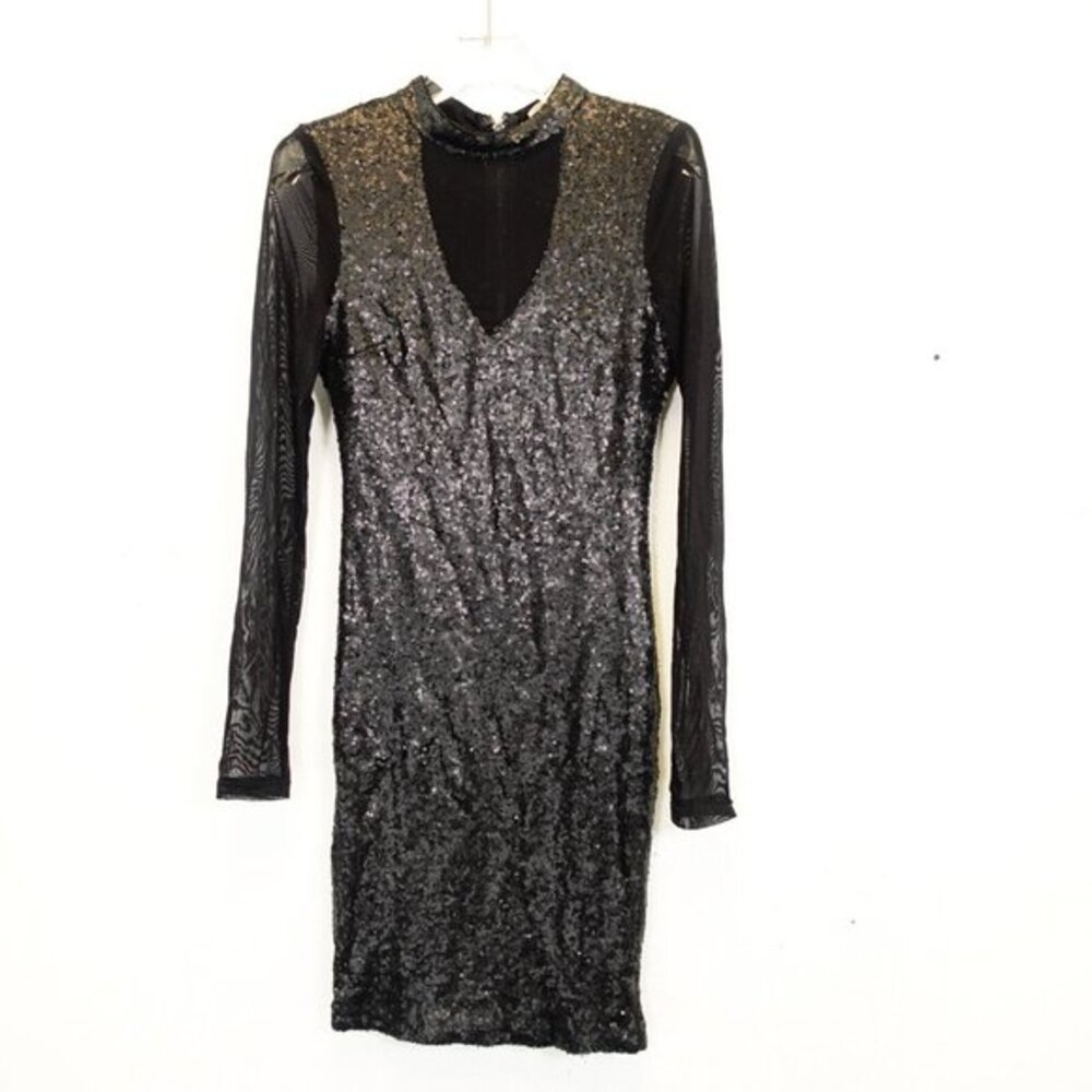 Sequin Mini Black Cocktail‎ Dress M Bodycon Evening Sparkle Sheer HOT DELICIOUS